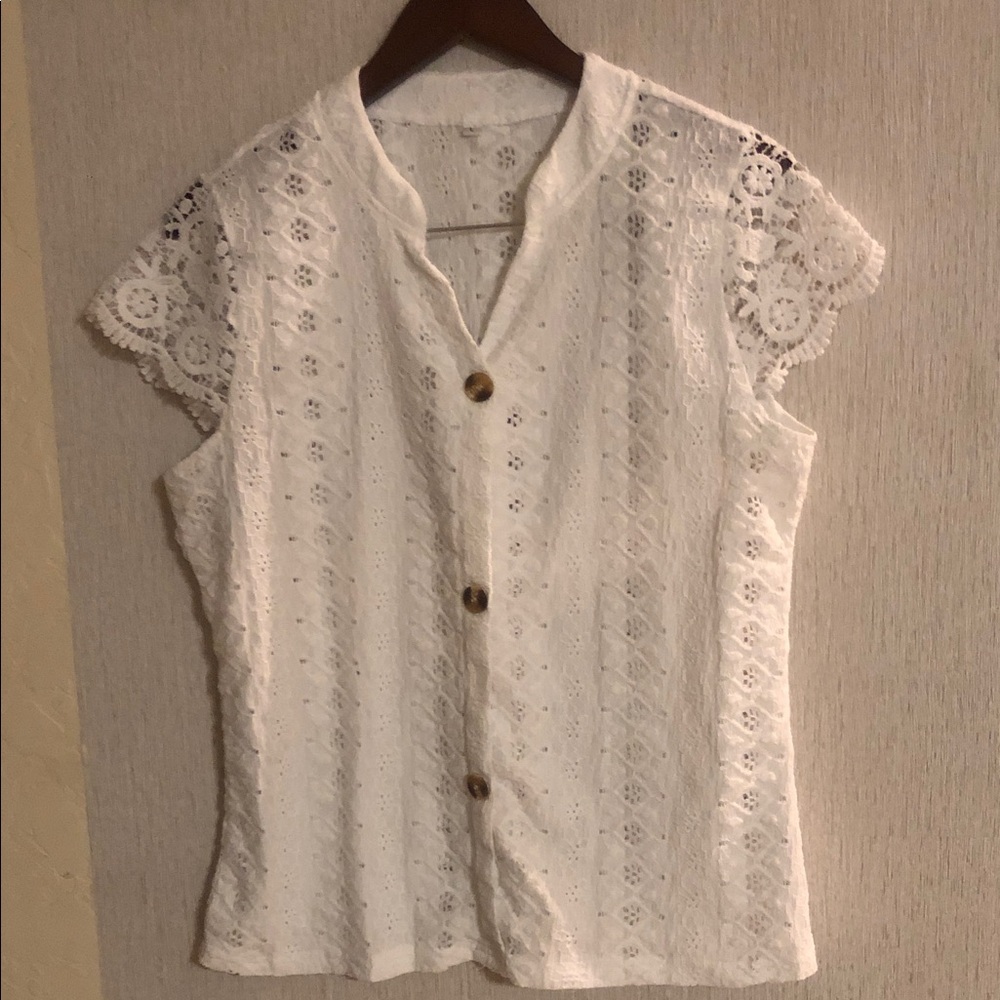 White Lace Button-Front Women's Top